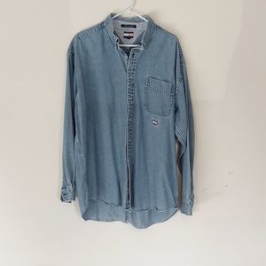 Tommy Hilfiger Vintage Jean Men's XL Shirt Button Up Denim Stone Wash Cotton 90s